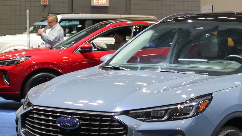A light blue 2023 Ford Escape Plug-in Hybrid SUV on display at the 2023 New York International Auto Show