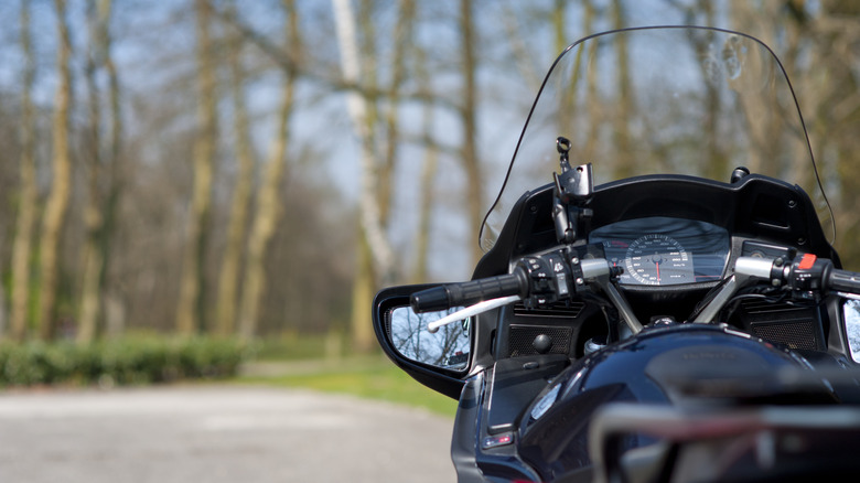 A motorcycle is viewed from behind with windshield visible and trees in front.