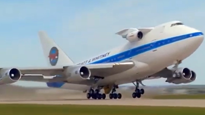 Boeing 747SP Pratt & Whitney Test Bed seen from front left at takeoff