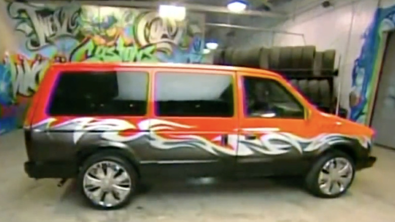 Tin's 1988 Dodge Caravan parked inside West Coast Customs garage