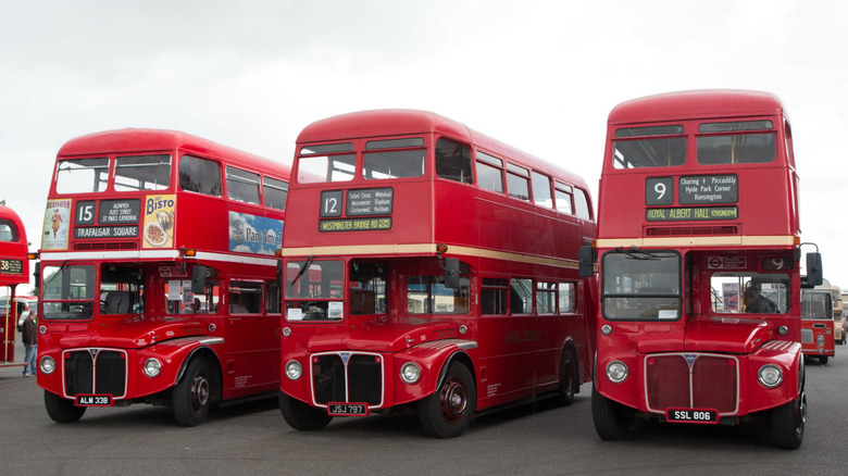 Front view of three vintage AEC Routemaster buses