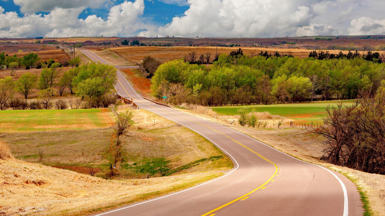 A country highway in Oklahoma, trees in the background.