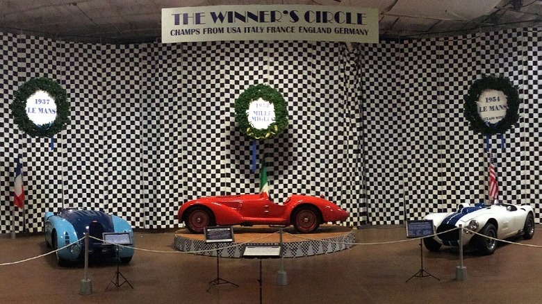 A winning circle exhibit at the Simeone Foundation Automotive Museum