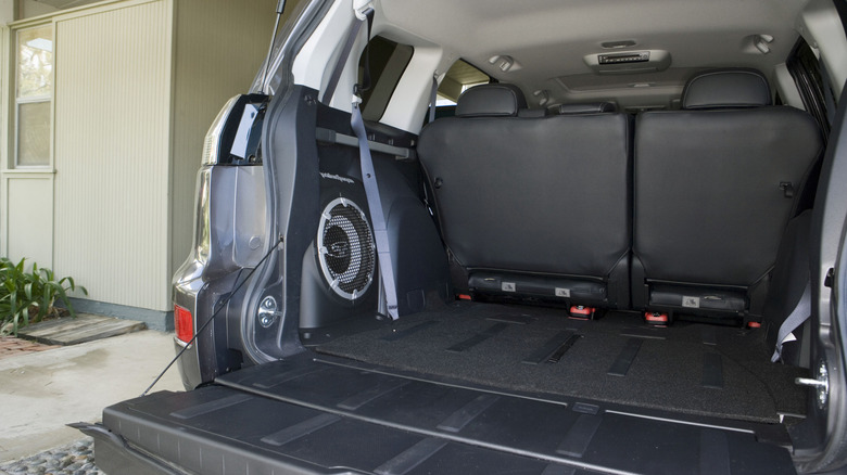 An interior view of the 2007 Mitsubishi Outlander's cargo area with the unique "flap-fold" tailgate lowered.