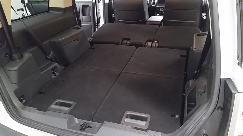 The rear cargo floor of the Ford Flex, with folded second and third row seats.