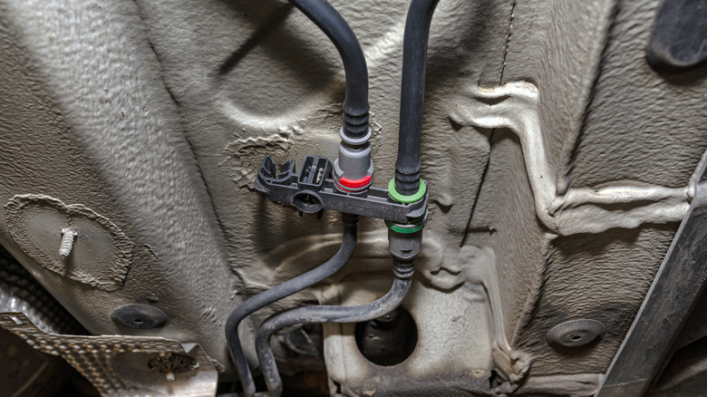 Underside of car showing black fuel lines.