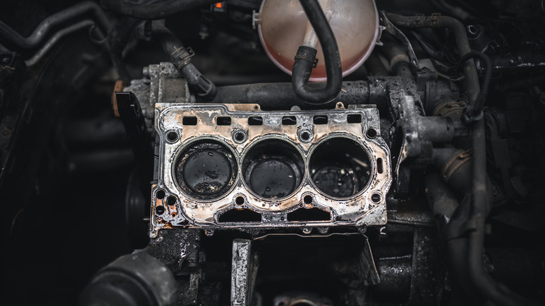 Detailed image of exposed engine cylinders and pistons.
