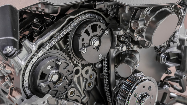 A close-up of the intricacies of a timing chain.