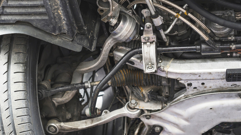 Close up of a car's suspension system.