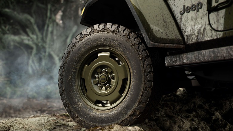 The tire of rugged four-door 2027 Jeep Wrangler Rubicon.