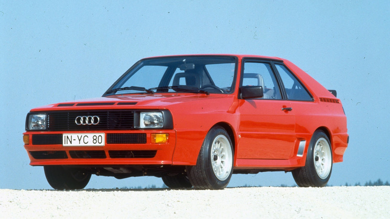 Red Audi Sport Quattro, front three-quarter angle.