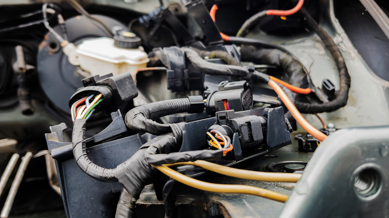 Close up of engine wiring harness.
