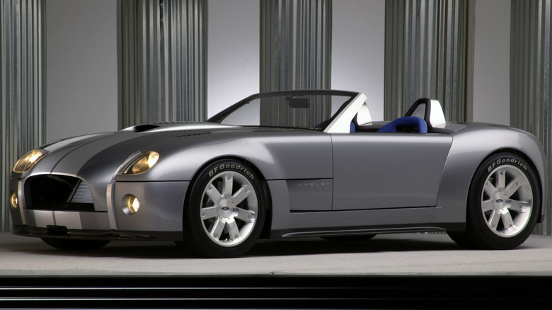The silver 2004 Ford Shelby Cobra "Daisy" concept roadster, highlighting its rounded front fascia, twin racing stripes, side roll hoop, and multi-spoke alloy wheels, against a corrugated metal backdrop.