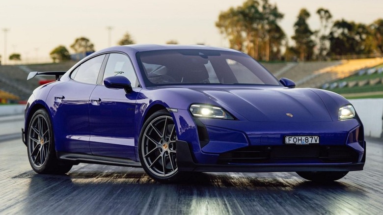 A blue Porsche Taycan Turbo GT Weissach.