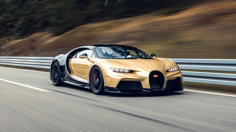 2022 Bugatti Chiron Super Sport driving at speed front 3/4 view