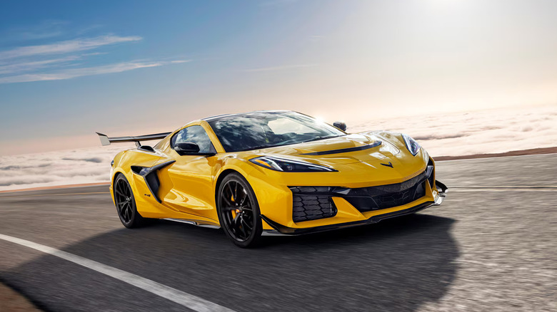 2026 Chevrolet Corvette C8 ZR1 driving at speed front 3/4 view