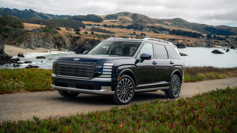 A Hyundai Palisade drives on a path near a river.
