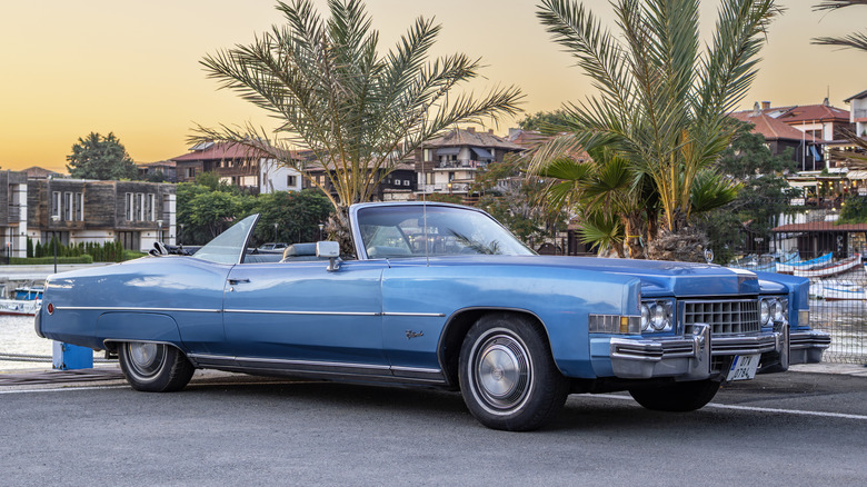 Blue 1970 Cadillac Eldorado at a port in Bulgaria front 3/4 view