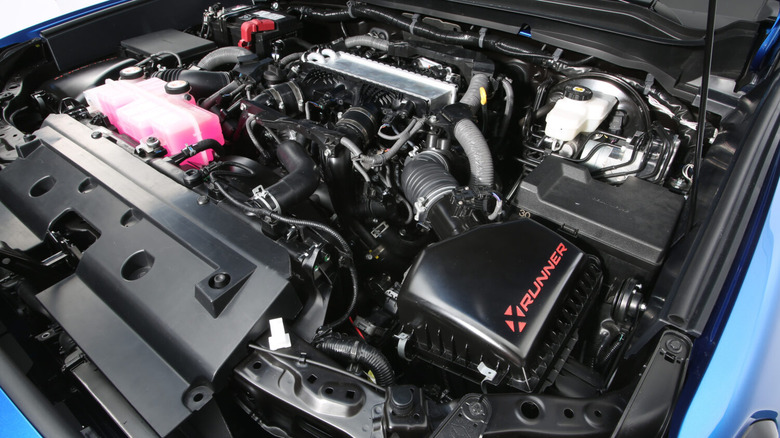 A close-up of a tuned Toyota Tacoma engine.