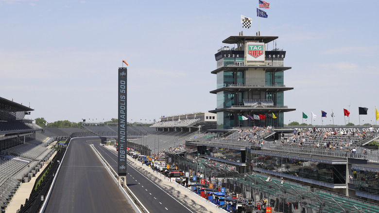 A view of the stands and start/finish line at the Indianapolis Motor Speedway.