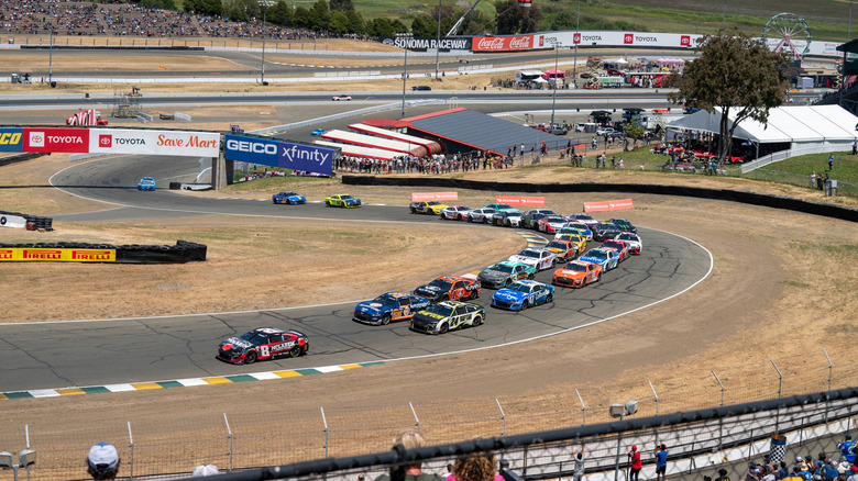 Drivers negotiate a curve at Sonoma Raceway.