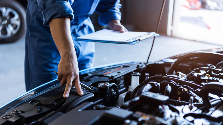 Mechanic inspecting engine bay.