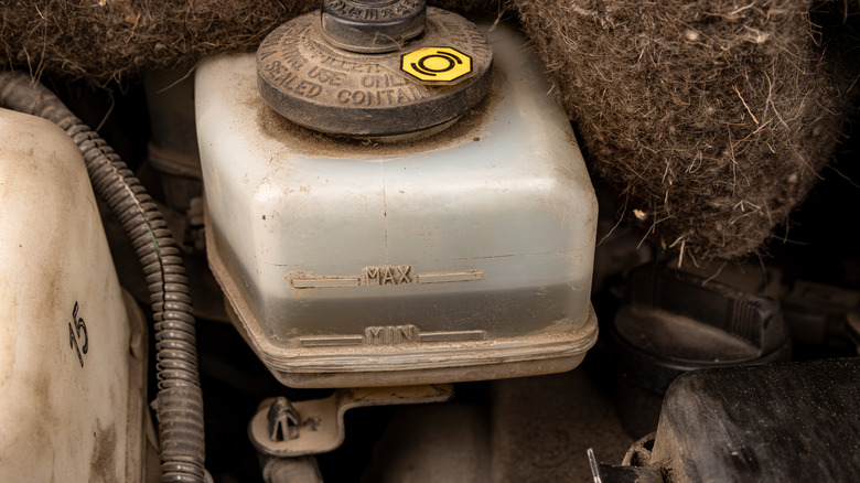 Brake fluid reservoir on display.