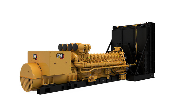 A professional studio rendering of a Caterpillar C175-20 generator set against a clean white background. The massive V20 engine is painted in signature Caterpillar yellow and is mounted on a heavy-duty black steel skid.