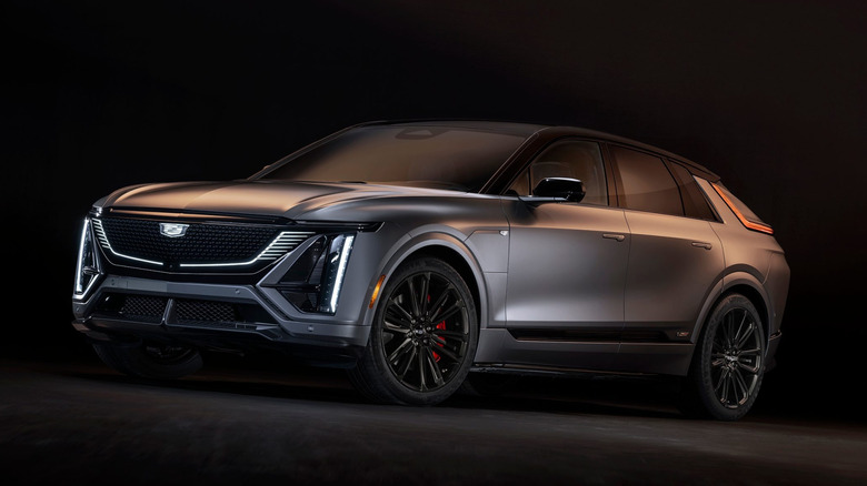 Studio shot of a matte-grey Cadillac Lyriq-V electric crossover.