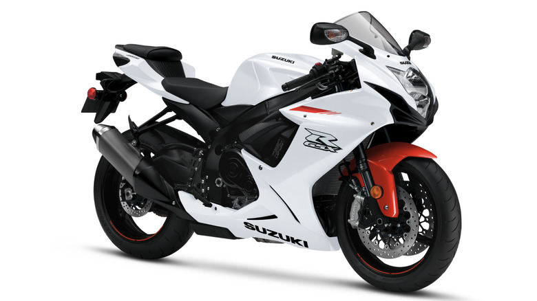 A black and white Suzuki GSX-R600 against a white background.