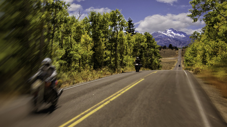 A motorcycle rider blurs with speed on a long, straight road between trees.
