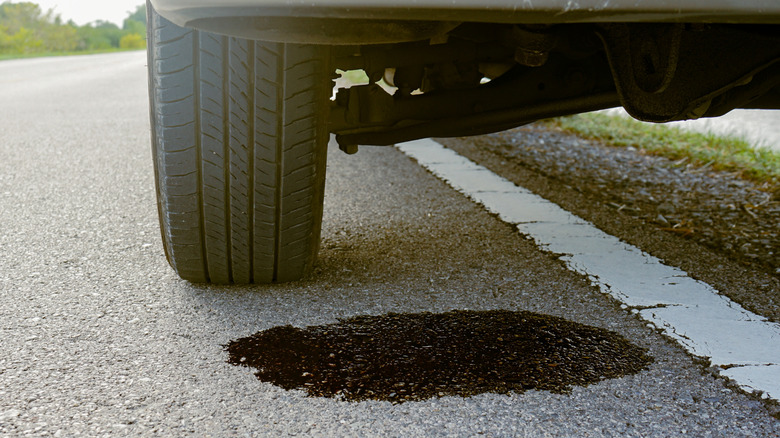 A puddle of oil accumulates under a car.