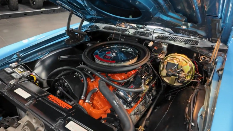 The 350 V8 under the hood of a 1970 Chevy Chevelle SS 396.