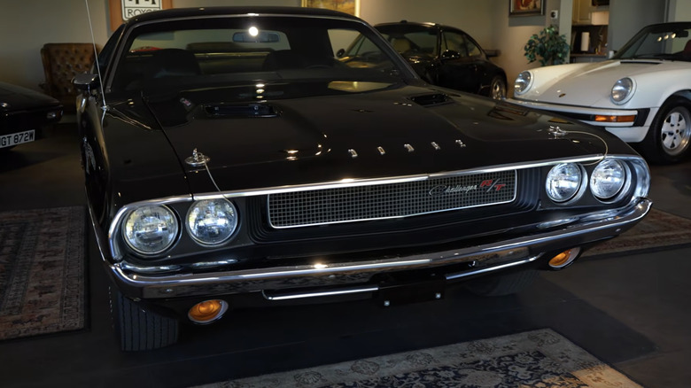 The front end and grille of a black 1970 Dodge Challenger R/T Hemi Hardtop