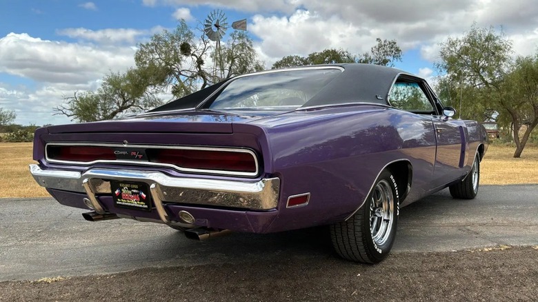 A rear view of the "Plum Crazy" 1970 Dodge Charger for sale.