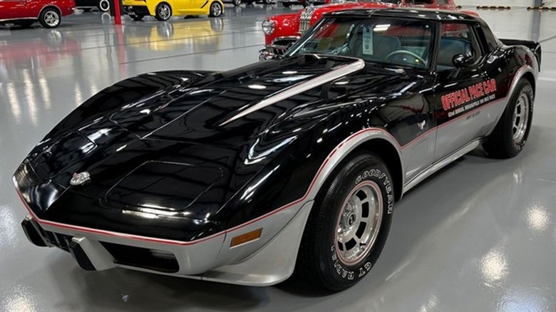 A 57-mile 1978 Chevrolet Corvette Pace Car Replica on a showroom floor from the front