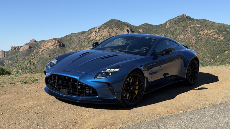 Front 3/4 view of a blue 2026 Aston Martin Vantage S