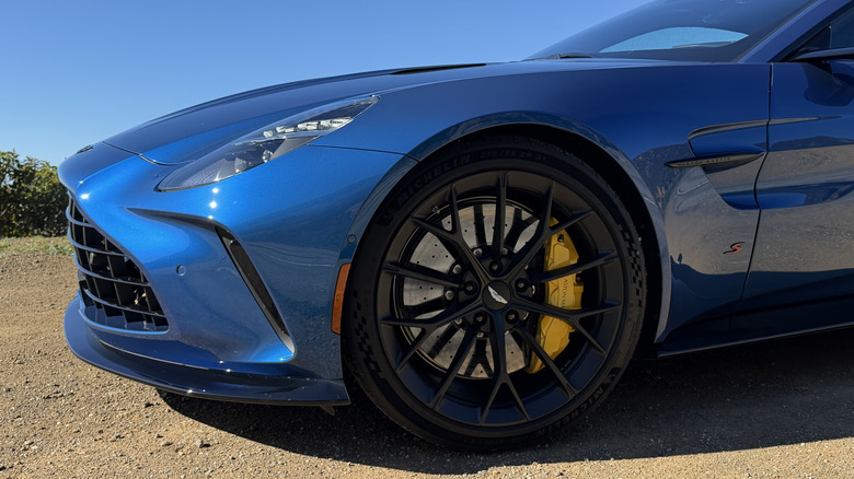 Front wheel of a blue 2026 Aston Martin Vantage S