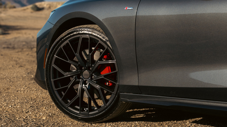 Front wheel of a gray 2026 Audi A6