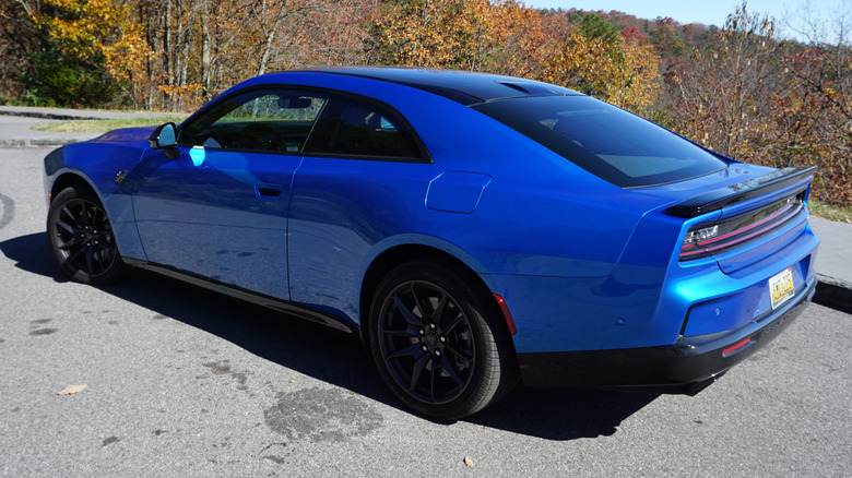 Rear 3/4 position of a bluish 2026 Dodge Charger Sixpack Scat Pack