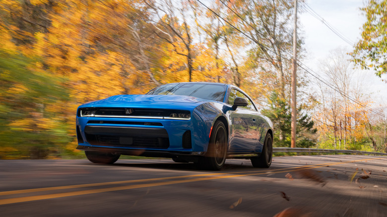 Front 3/4 position of a bluish 2026 Dodge Charger Sixpack Scat Pack