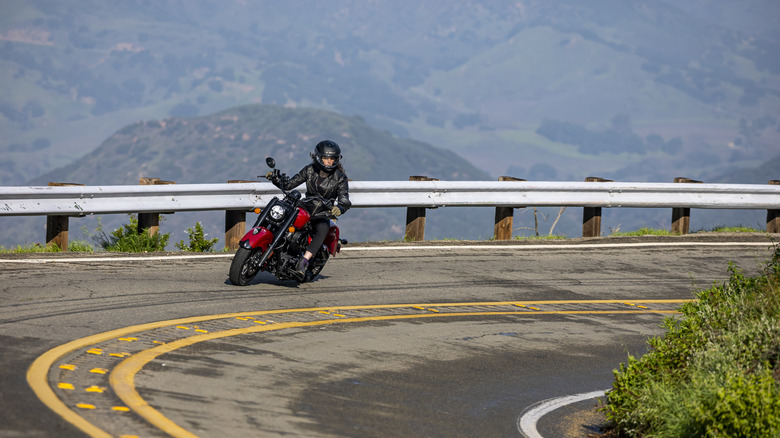 Amber on a red Indian Chief Vintage in the canyons outside LA