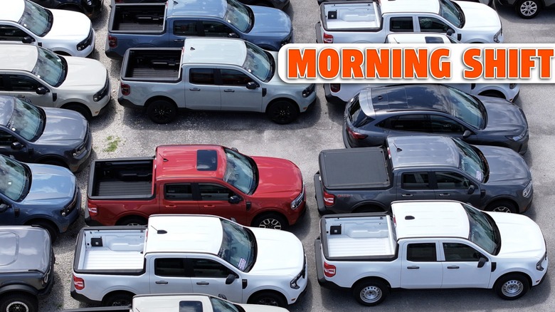 An aerial view as Ford vehicles are lined up on the sales lot of the Metro Ford dealership on May 06, 2025 in Miami, Florida.