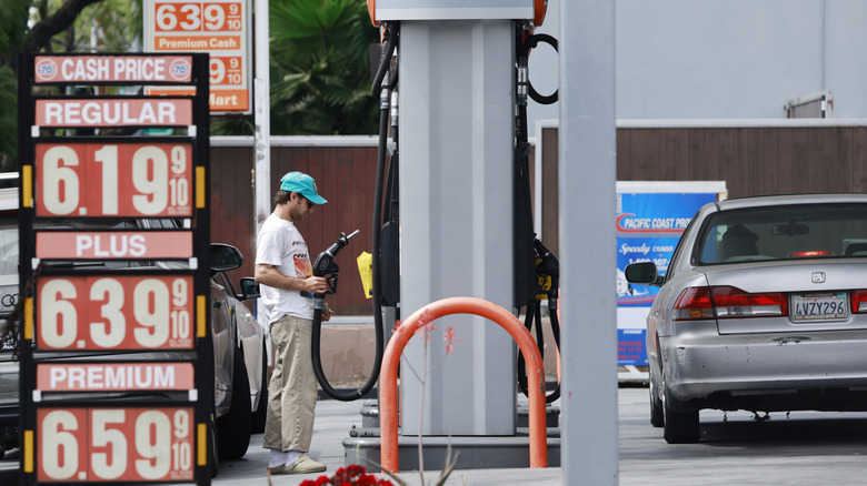 Gas prices are displayed at a Shell gas station on March 30, 2026 in Los Angeles, California.