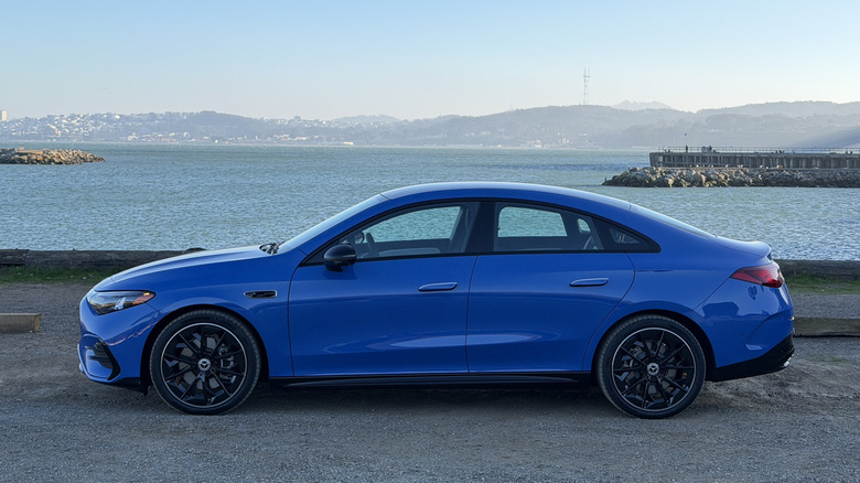 Side view of a blue 2026 Mercedes-Benz CLA EV