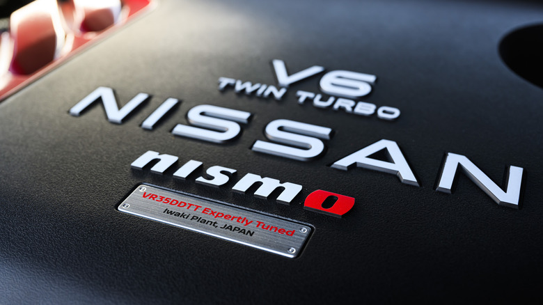 A close-up of the twin-turbo V6 engine cover