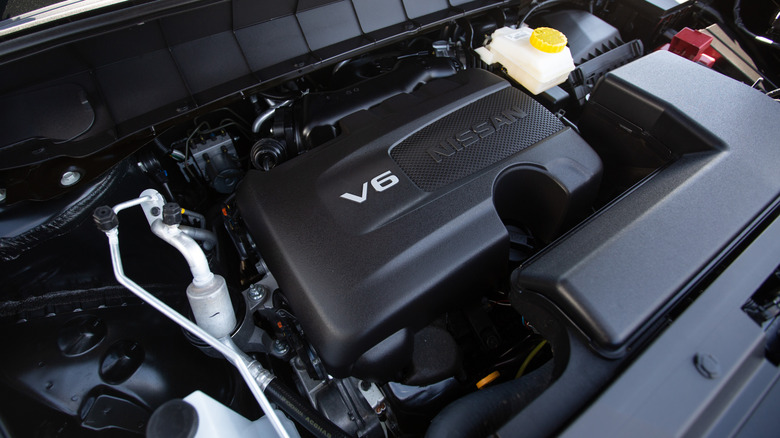 A look under the Pathfinder's hood showing the naturally aspirated Nissan V6