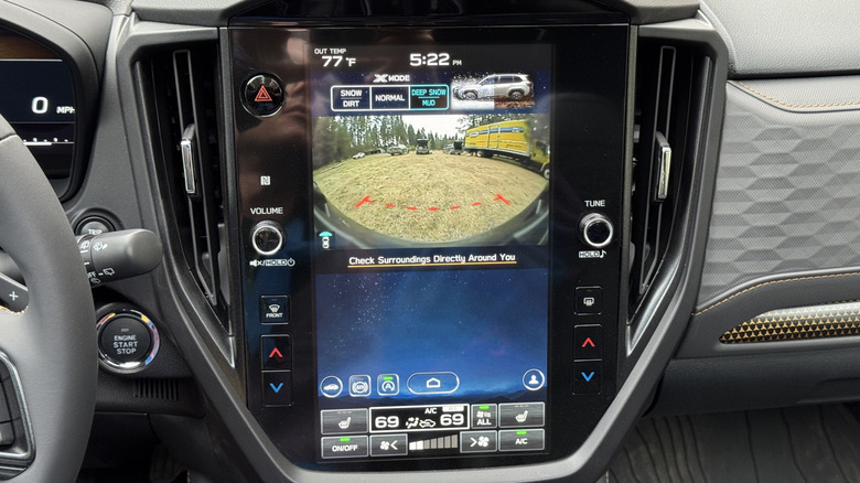 A close-up of the infotainment system in the Forester showing its low-res front camera