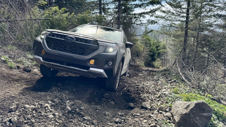 Front three quarters shot of the gray Forester Wilderness on a steep incline with lots of rocks and trees