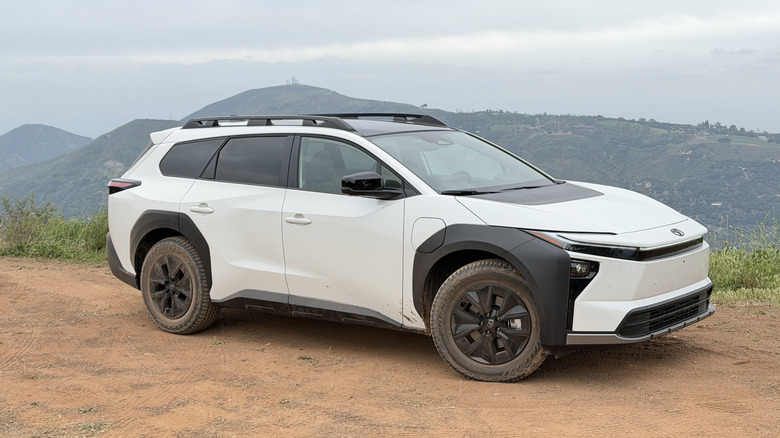 Front 3/4 view of a white Toyota bZ Woodland